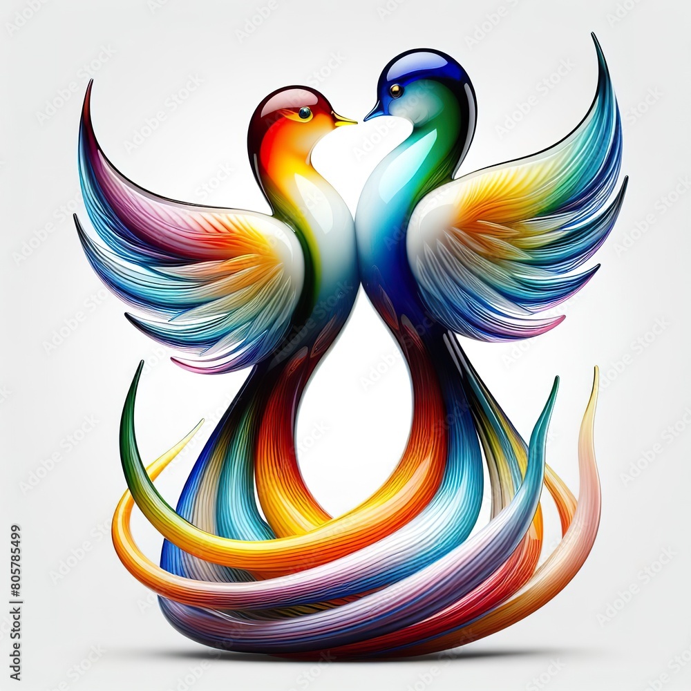 Obraz premium A stunning blown glass sculpture of a playful, couple bird with seamlessly blended rainbow colors, white background
