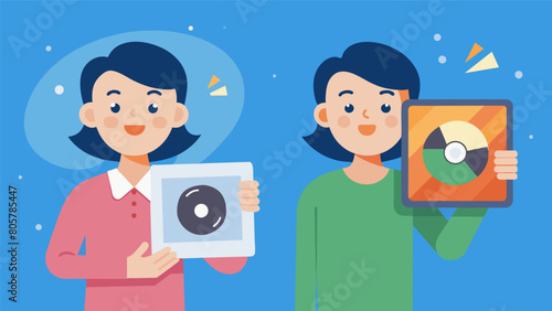 A workshop attendee proudly displaying their before and after photos as they successfully restore a severely damaged record to its former glory. Vector illustration