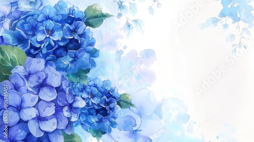 A blue hydrangea border with watercolor, light sky background, white space in the center of the frame, high resolution, high detail, digital art, water color style.