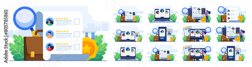 Set of flat illustrations of  Online job applications, job candidate, Hiring, Job interview, Recruitment, We are hiring, job search