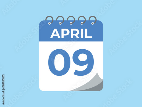 April 9 calendar reminder. 9 April daily calendar icon template. Calendar 9 April icon Design template. Vector illustration
