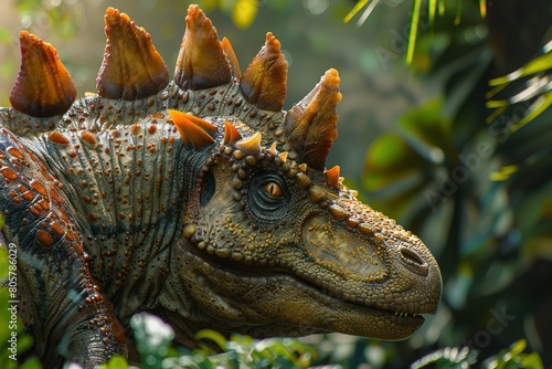 A close-up of a Stegosaurus in its natural habitat  focusing on the texture and arrangement of its plates and spikes