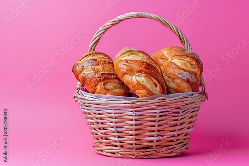 Delivery Pink basket with blue food backdrop. Generative Ai