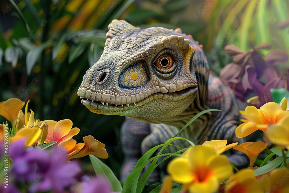 Obraz premium A close-up portrait of a baby Tyrannosaurus Rex, soft and curious eyes, surrounded by vibrant, colorful prehistoric flowers