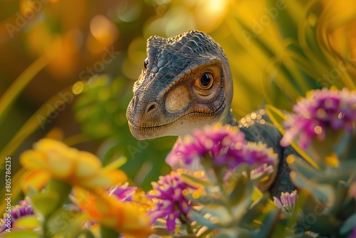 A close-up portrait of a baby Tyrannosaurus Rex  soft and curious eyes  surrounded by vibrant  colorful prehistoric flowers