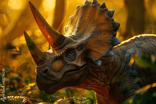 A close-up portrait of a Triceratops  showcasing its three distinct horns and large frill  bathed in the golden light of a setting sun
