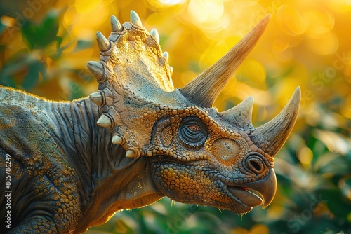 A close-up portrait of a Triceratops, showcasing its three distinct horns and large frill, bathed in the golden light of a setting sun