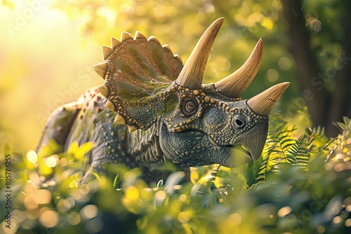 A detailed depiction of a Triceratops, showcasing its three horns and large frill, standing in a lush Cretaceous period landscape