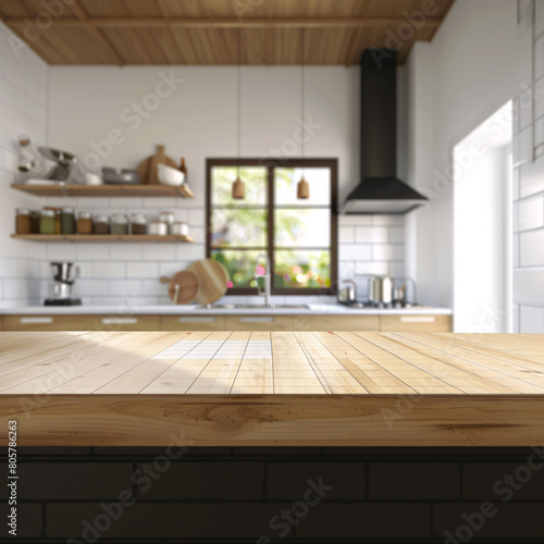 Wood Table Top Background In the Kitchen Concept of a Modern Luxury Home