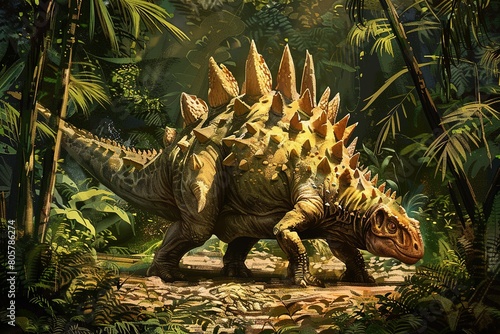A detailed illustration of a Stegosaurus, highlighting its unique plates and spikes, grazing in a lush Cretaceous period landscape © stardadw007