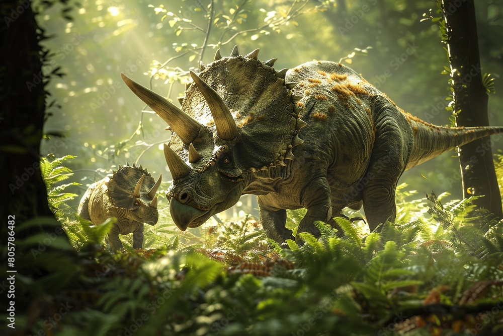 Obraz premium A photograph of a Triceratops family, with one adult and two juveniles, grazing in a lush, prehistoric fern valley