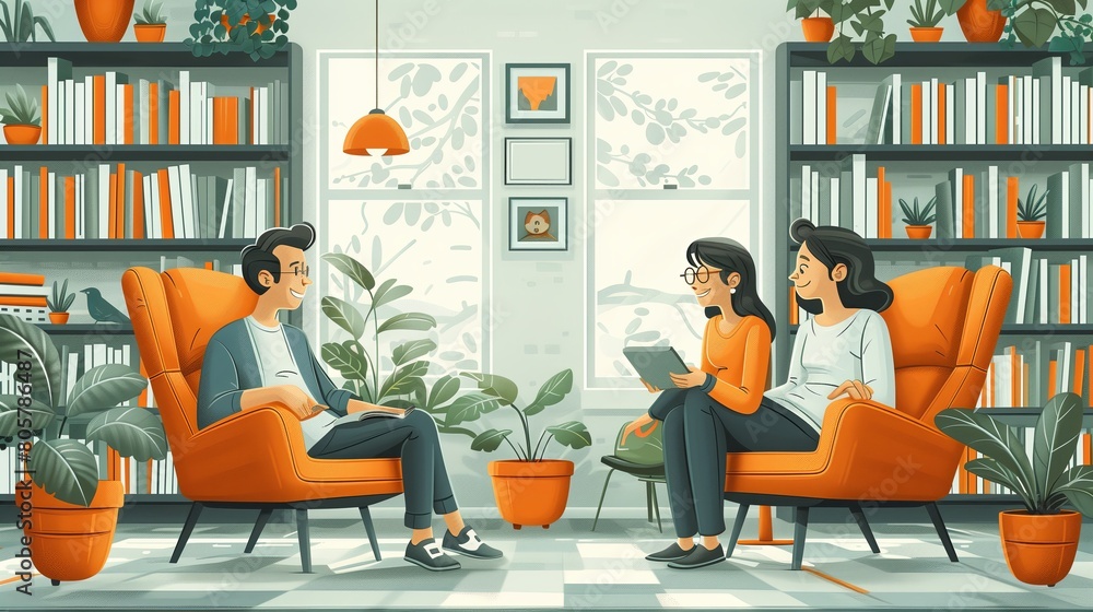 Fototapeta premium A family sits and chats happily inside a house decorated with furniture and technology.