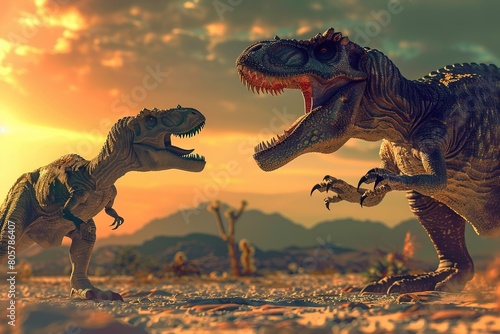 A highly detailed sculpture photo of a Tyrannosaurus Rex standing victorious over a defeated Allosaurus
