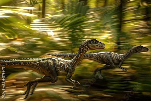 A photograph of a pack of Velociraptors, sleek and agile, sprinting through a dense jungle in pursuit of prey © stardadw007