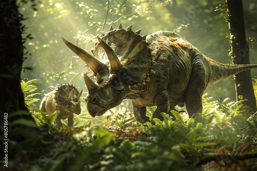 A photograph of a Triceratops family, with one adult and two juveniles, grazing in a lush, prehistoric fern valley