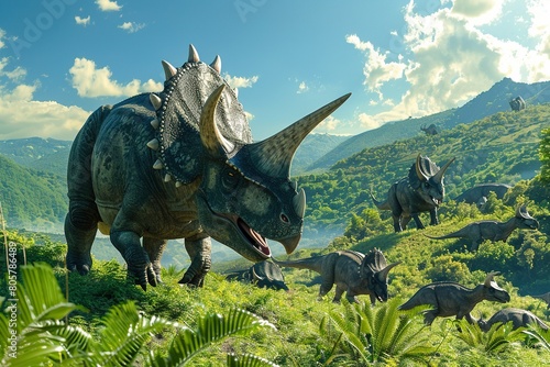 A photograph of a Triceratops herd grazing in a lush green valley  with vibrant green foliage  under a clear blue sky