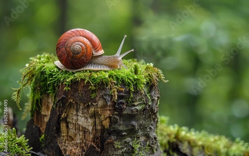  Burgundy snail (Helix, escargot) on the surface of an old stump with moss in natural environment. Green moss and mushrooms growing on old tree trunk. very beautiful snail