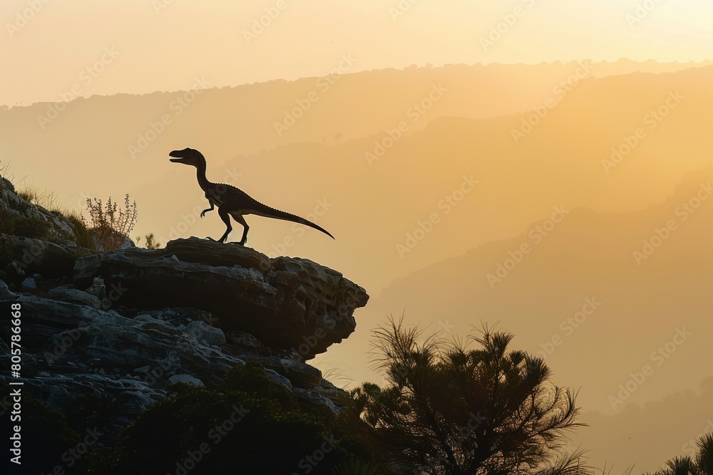A solitary Velociraptor standing atop a rocky outcrop, surveying its territory at dawn. The early morning mist rolls over the landscape, creating a mystical atmosphere