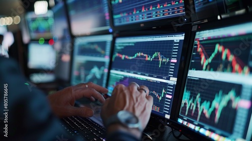 Close-up of a stock broker's hands analyzing charts and data on multiple screens, focus on screens. Business concept for stock market. financial chart graphs concept photo