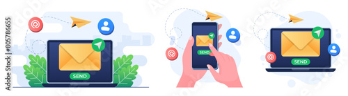 Set of flat illustrations of send email, Envelope on device screen with send button, Online communication, Digital chat