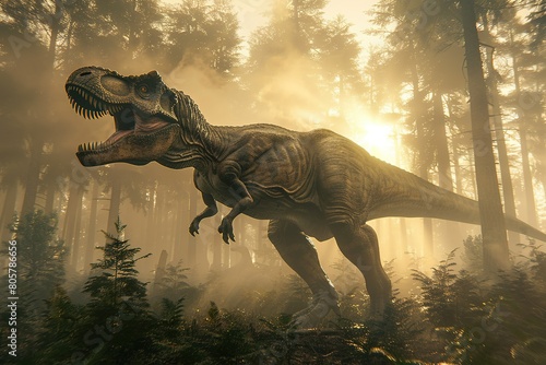 A serene yet imposing image of a Tyrannosaurus Rex roaring in a misty forest at dawn. The early morning fog envelops the scene  with rays of sunlight piercing through  creating a mystical atmosphere