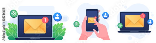 Set of flat illustrations of  New email notification on device screen, Direct digital marketing, Unread message reminder, Email marketing concept