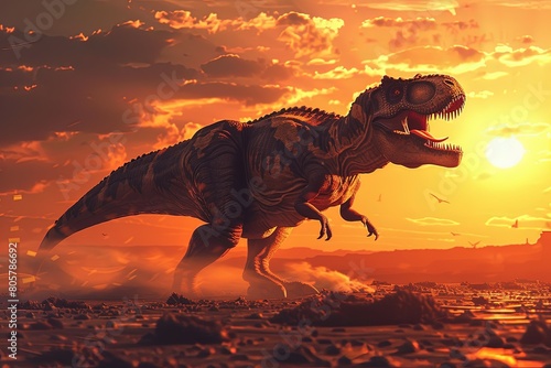 A T-Rex chasing prey across a barren Cretaceous landscape at dusk, dramatic shadows and intense, fiery sunset in the background © stardadw007