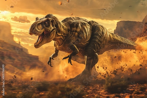A T-Rex chasing prey across a rugged canyon landscape under a fiery sunset