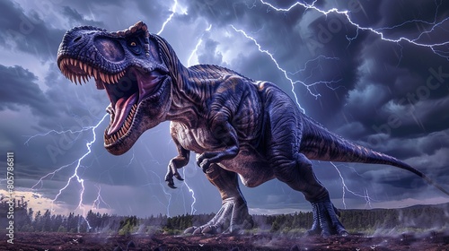 A vivid capture of a Tyrannosaurus Rex roaring in a thunderstorm, its massive form silhouetted against lightning-streaked skies, towering over a rugged, prehistoric landscape photo