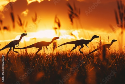 A vivid sunrise over a savannah, with a pack of Velociraptors emerging from the tall grasses, silhouetted against the brightening sky photo
