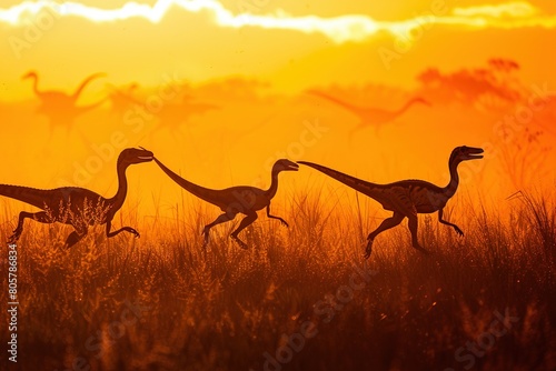 A vivid sunrise over a savannah  with a pack of Velociraptors emerging from the tall grasses  silhouetted against the brightening sky