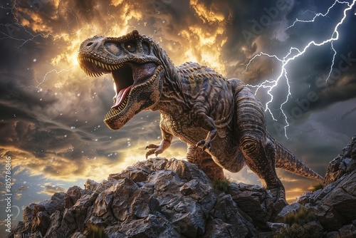 An action-packed scene of a Tyrannosaurus Rex roaring triumphantly on a rocky cliff under a stormy sky photo