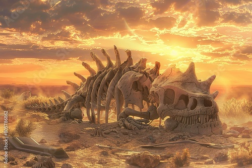 An artistic interpretation of a Stegosaurus skeleton as if it were being excavated at a paleontological dig site