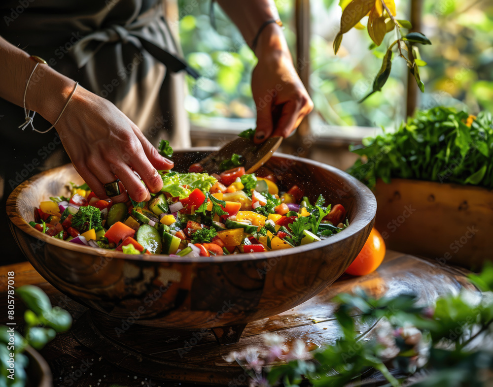 Preparing Fresh Vegetable Salad in Rustic Kitchen Preparing Fresh Vegetable Salad in Rustic Kitchen