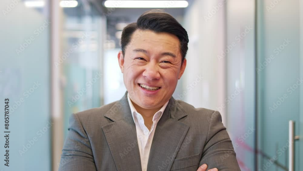 Delighted japanese male dressed sharply in formal attire contemporary corporate setting. Positive young businessman in suit standing with crossed arms and cheerful grinding directed at camera. Delighted japanese male dressed sharply in formal attire contemporary corporate setting. Positive young businessman in suit standing with crossed arms and cheerful grinding directed at camera.