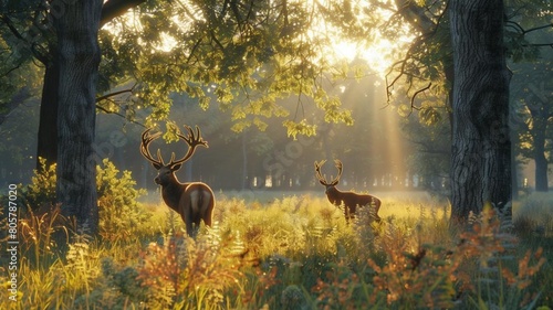 A wild brown deer or roe deer in a forest in sunset  photo