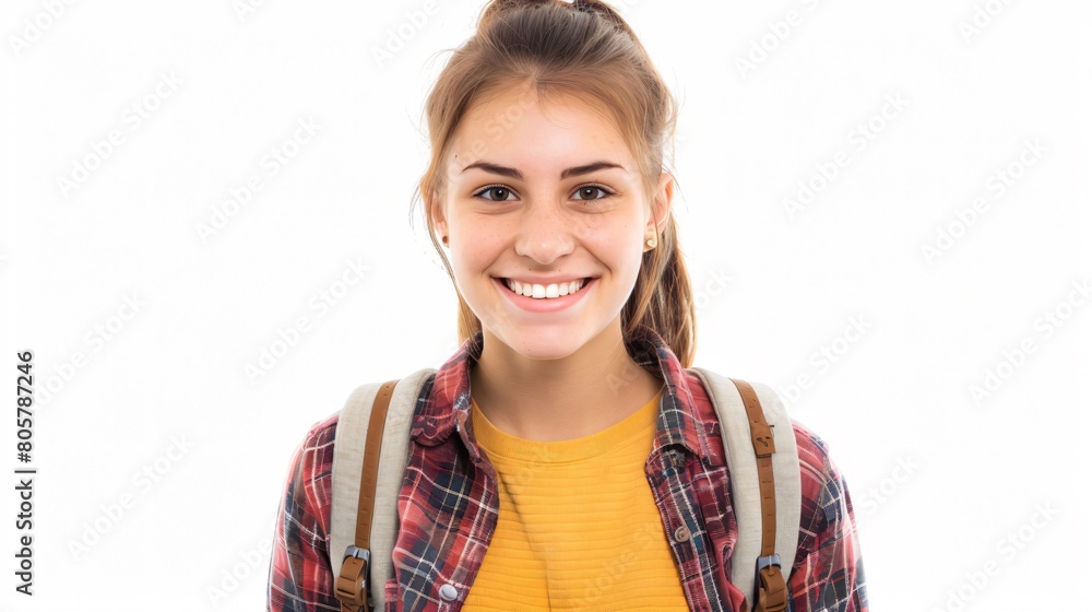 Young college student smiling at the camera with a backpack on Young college student smiling at the camera with a backpack on
