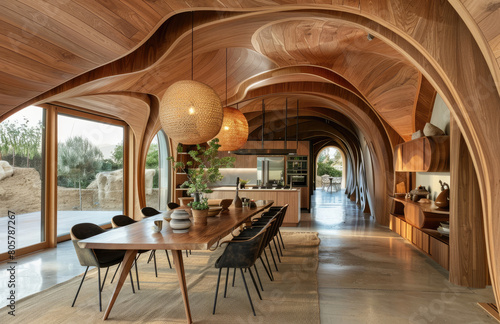 A dining room with curved wood arches, featuring an elegant table and chairs in the center of the space. The walls feature lightcolored wooden panels, creating a warm atmosphere