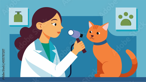 A woman in her garage using a handheld otoscope to show the vet a closeup of her cats ear canal during a remote consultation.. Vector illustration