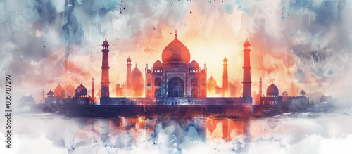 A painting of the Taj Mahal with a sunset in the background