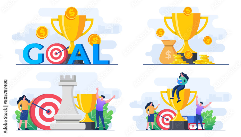 set of flat illustrations of business and marketing strategy, Strategic planning and tactics in business, strategic thinking, Analytics in Finance, achieving financial goals, Trophy, award and reward