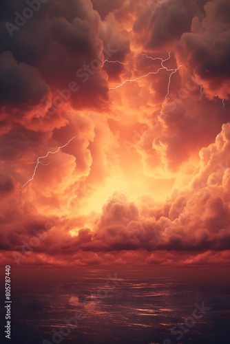 The image shows a beautiful sunset over a stormy sea. The sky is ablaze with color, and the waves are capped with white foam. The scene is both beautiful and awe-inspiring.
