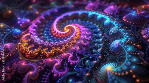 Experience the mesmerizing allure of abstract neon fractals, their intricate patterns and vibrant colors dancing across the cosmic expanse, rendered in exquisite detail by an advanced HD camera © UMAR SALAM