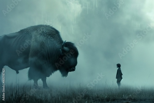 A silent journey as a boy and his buffalo explore a mysterious, dark natural world photo