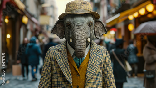 Elegant elephant gracefully walks through urban streets, adorned in tailored sophistication, epitomizing street style.