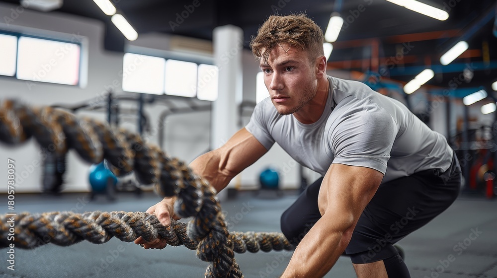 Man Doing Battle Rope Workout at Gym Man Doing Battle Rope Workout at Gym