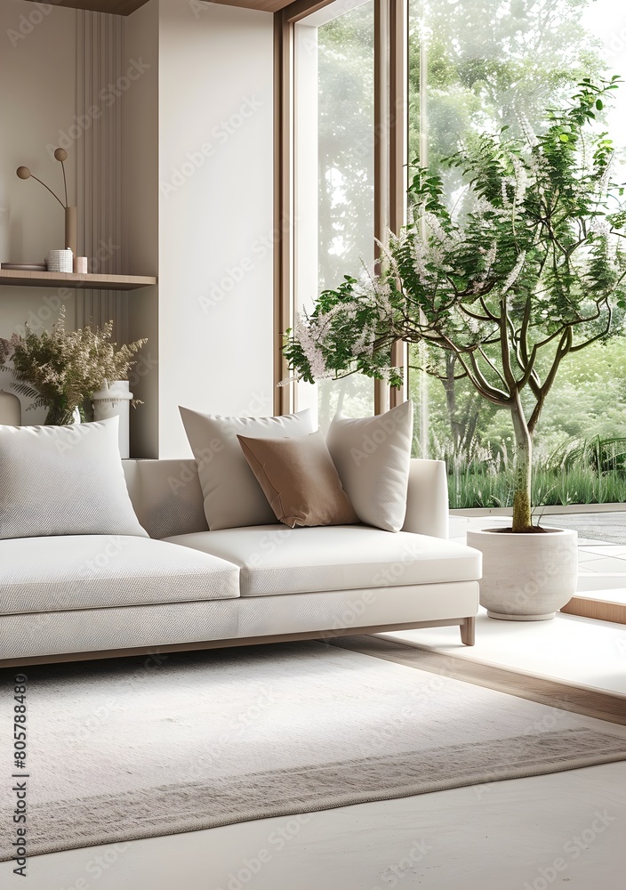 Modern minimalist living room with a large window, beige carpet and a soft sofa Modern minimalist living room with a large window, beige carpet and a soft sofa