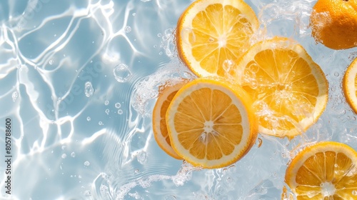 Slices of tangy oranges dropped into a clear pool, their vibrant citrus hues mingling with the shimmering water as they create vibrant splashes against a clean white surface.