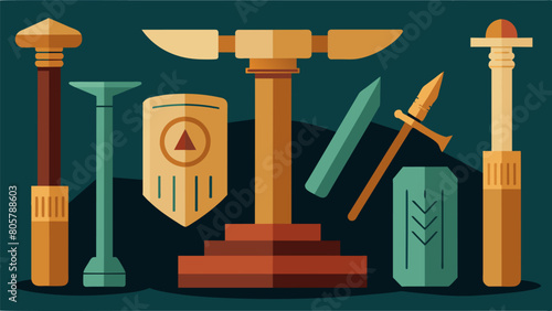 A set of finely crafted chisels and hammers used by philosophers to carve intricate designs and symbols into stone tablets for future generations to. Vector illustration