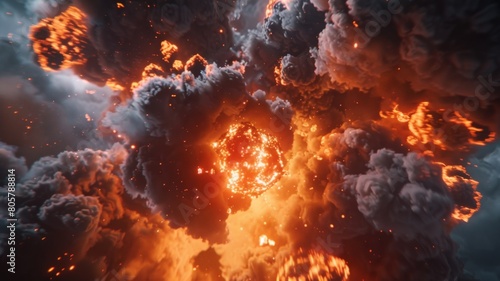 Experience the sheer force of a large fireball surrounded by billowing black smoke in this dramatic image